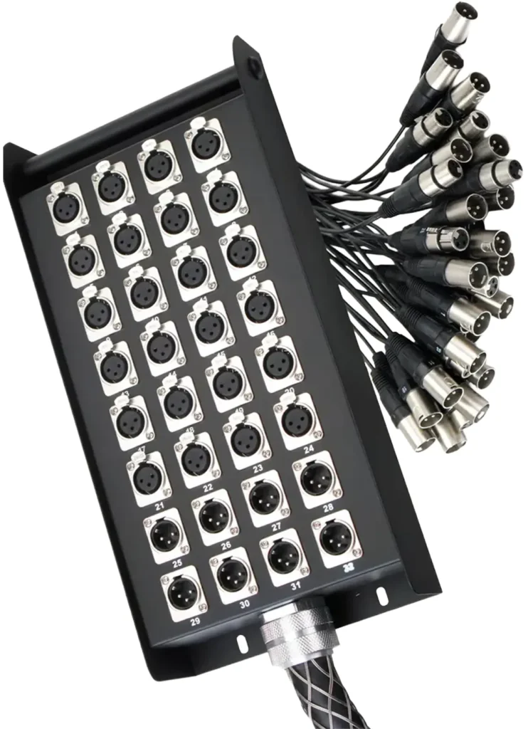 32-channel XLR stage box with multicore audio snake for live sound and event audio hire