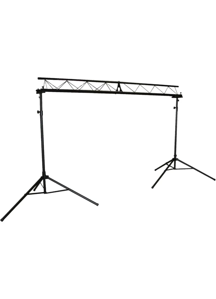 Lighting truss on tripod stands for mounting event lights above a DJ booth or dancefloor