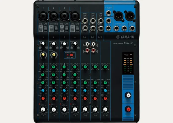 Yamaha MG10 10-channel mixing desk top view for PA system and event sound hire