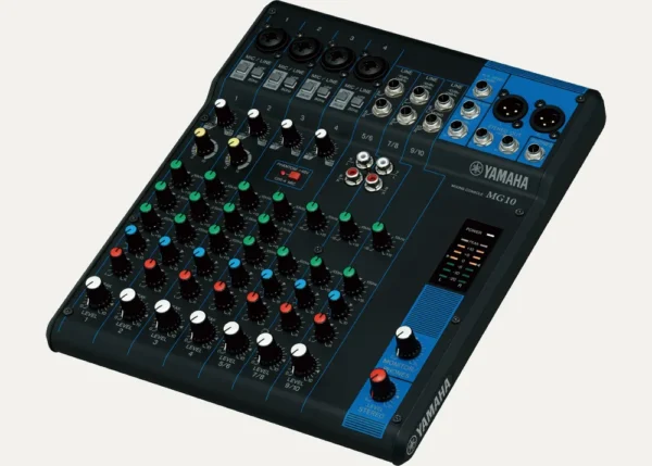 Angled view of Yamaha MG10 compact audio mixer with microphone and line inputs