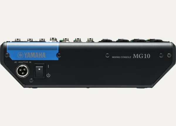 Rear view of Yamaha MG10 mixing desk showing power input and side controls