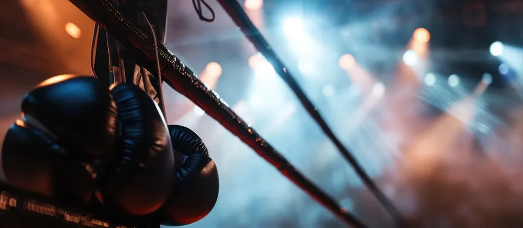 Boxing gloves hanging beside stage lighting beams and haze during a live event setup
