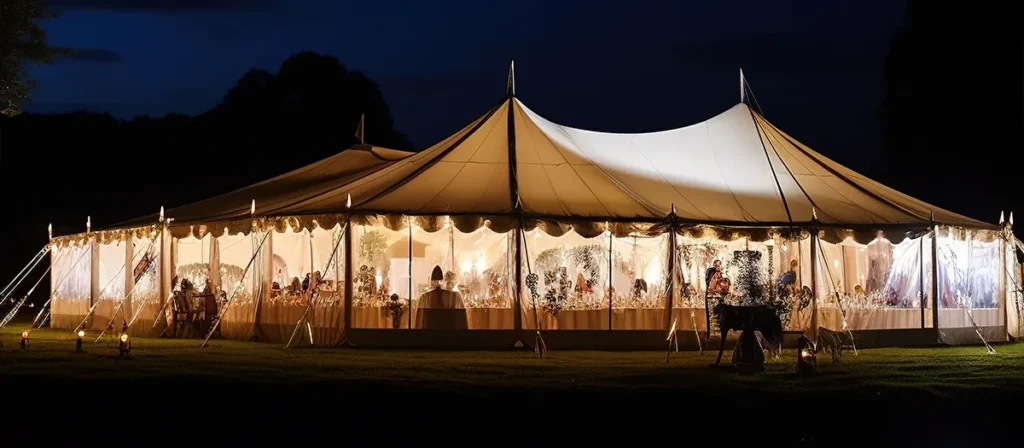 Luxury marquee lit up at night for a wedding or outdoor event with guests inside and warm event lighting