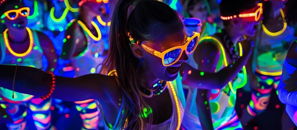 UV glow party with guests wearing neon glasses and accessories under blacklight event lighting
