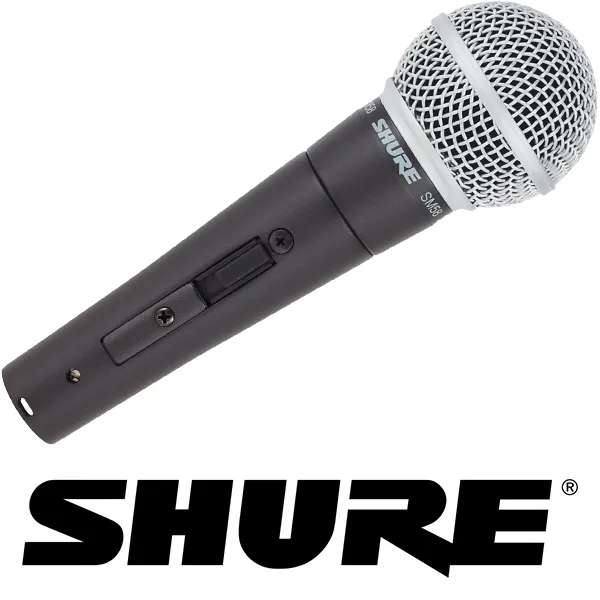 Shure SM58 switched wired vocal microphone on white background with shure logo below