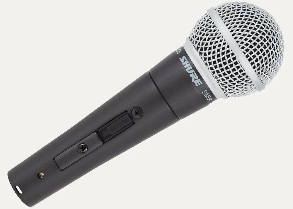 Shure SM58 switched wired vocal microphone on off white background