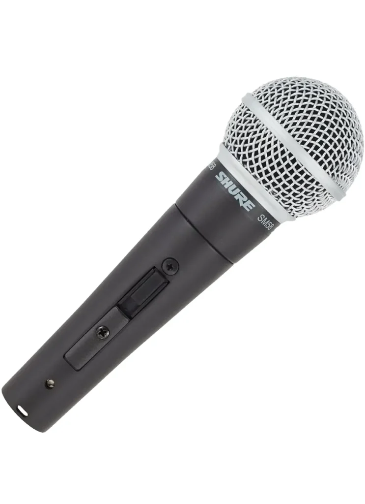 Shure SM58 switched wired vocal microphone on white background